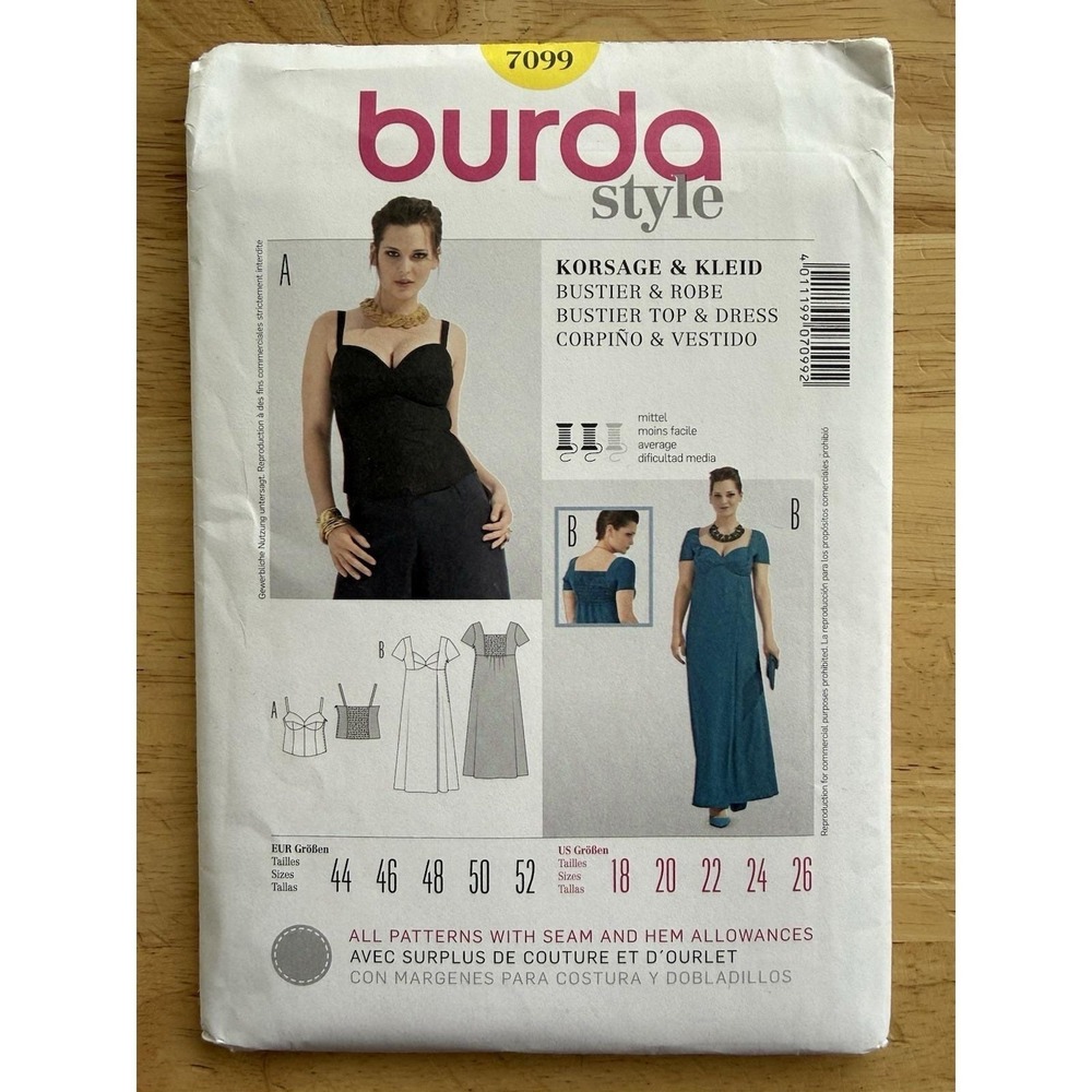 Burda Style Pattern 7099 Close-Fitting BUSTIER TOP‎ & DRESS Size 18-26 UC FF
